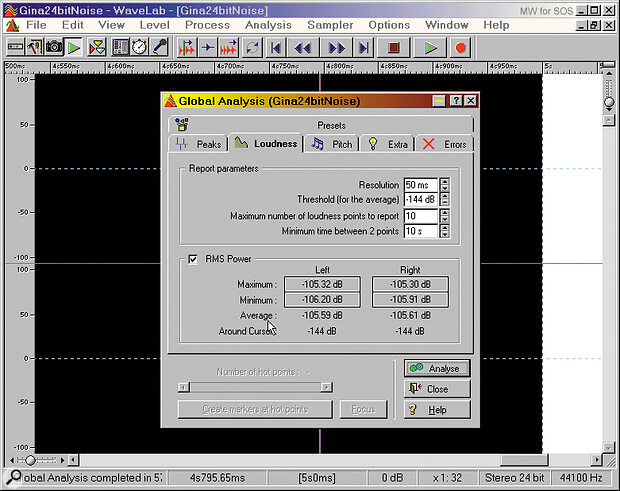 If you want to try some noise measurements of your own, Wavelab is an ideal tool. This is the background noise of my Event Gina soundcard, measured at 24 bits and 44.1kHz — notice that the Threshold value has to be set to minimum (‑144dB) to see levels this low. Further details on the method are in the main text, in the 'Measuring The Limitations' section.