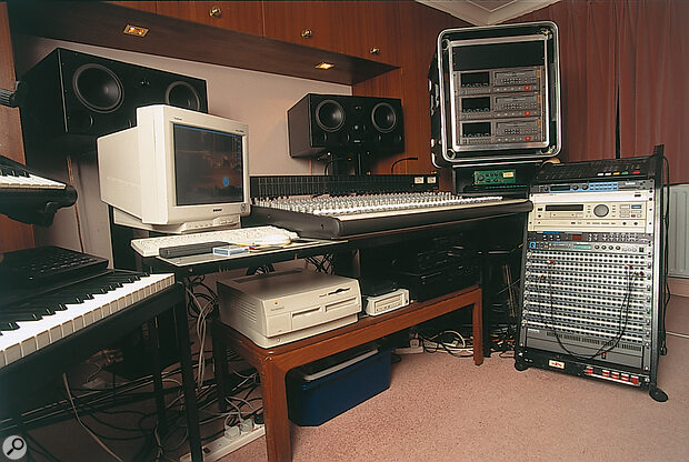 The control room in Stockley and Houison's home studio, showing (from left) Korg M1 and Kurzweil K2500 synths, with Alesis SR16 drum machine resting on the latter; their G3 Mac and (top right) three Alesis ADAT XTs.