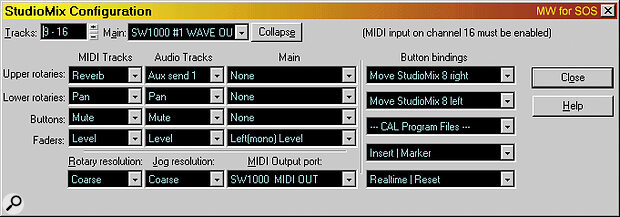 The Configuration window lets you assign functions to each of the rotary, button, and fader controls, as well as the other 'soft' buttons.