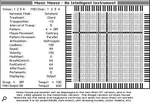 Music Mouse's split‑screen display: on the left are the performance parameters which govern what will happen when the mouse is moved around the note grid on the right. The four cursor lines on the grid represent the notes played by Music Mouse's four parts.