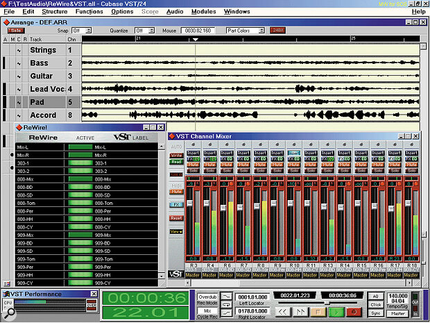 Using a Rewire‑compatible sound source with a Rewire‑compatible host such as Cubase VST has the huge advantage that each sound can have EQ and effects added separately, as shown here with Rebirth on the PC. Using a Rewire‑compatible sound source with a Rewire‑compatible host such as Cubase VST has the huge advantage that each sound can have EQ and effects added separately, as shown here with Rebirth on the PC.