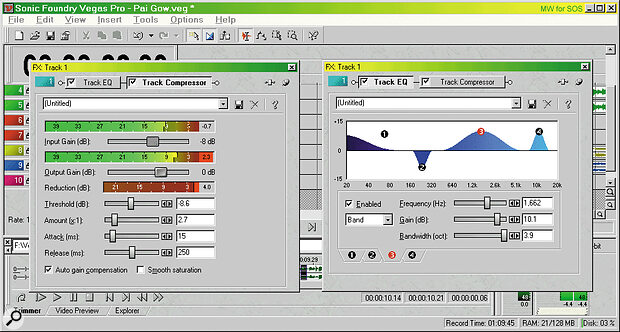 Like many modern audio sequencers, Vegas Pro has some built‑in effects for use on individual tracks, including four‑band parametric EQ and compression.