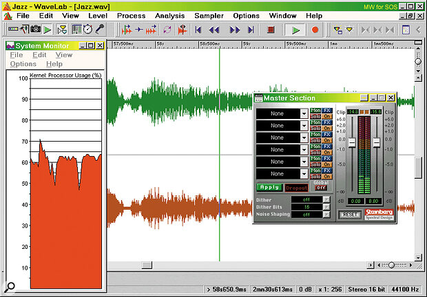 Choosing the best colour depth for your new graphics card may reduce your overall processor overhead significantly when updating graphic‑intensive screens, such as Wavelab 3.0's fine‑scrolling waveform displays. You can check this using Microsoft's System Monitor utility as shown here.