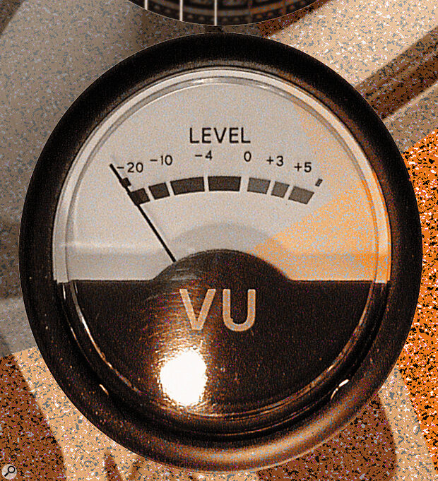 A standard analogue VU meter shows average signal levels — transient peaks can exceed these by a long way.