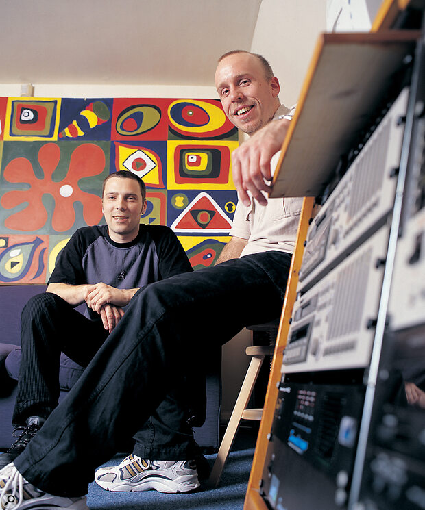 Barnaby Smith (left) and Chris Bachman in the Sound Joint studio. The murals behind the duo aren't just there for visual effect — they also contain bass traps.