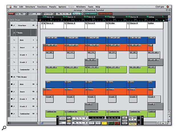 A typical performance from VST Drum Sessions. Two folder tracks contain, respectively, the audio parts as REX files, and the same patterns as MIDI parts, allowing you to substitute your own sounds for those supplied.