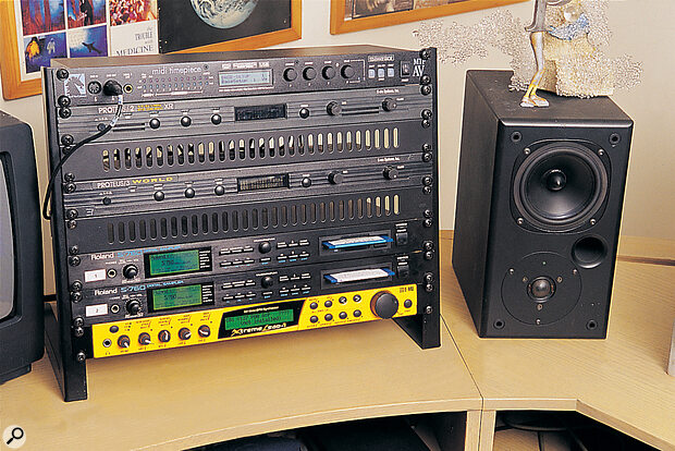 The main rack of sound sources includes (from top) MOTU MIDI Timepiece AV synchroniser and MIDI interface, Emu Proteus 2 and 3 modules, two Roland S760 samplers, and a recently added Emu XL1 sound module.