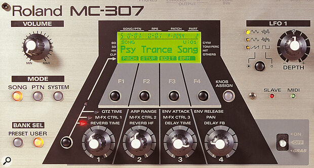 The main part of the MC307's front panel. There are fewer physical controls than on the top‑of‑the‑range MC505, but Roland get around this by offering four soft buttons and four knobs with three different function sets, accessed by the black button to the left of the first knob It's a neat, flexible control system.