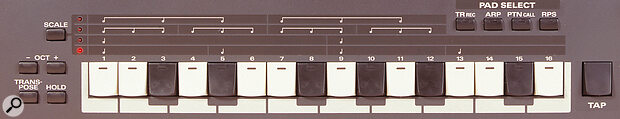 The mini‑keyboard allows both real‑time and step‑time note input. The four buttons on the right determine the exact function of the mini‑keys: Step‑time record, Arpeggiator editing, Pattern call‑up for on‑the‑fly chaining, and real‑time phrase selection (RPS) respectively.