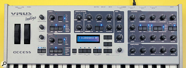 The Virus Indigo's control panel, like those on the other Viruses, resembles a modern take on the Minimoog's classic layout. The big difference is the inclusion of an LCD and data‑entry keys to access those functions which have not been given their own physical knob or button.