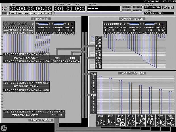 The VGA monitor's EZ routing screen shows how the VS2480's entire mixer is configured.