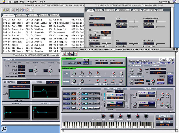 Voice Editor For Motif, with the Element Editor window bottom left, the Library window top left, and the detailed Element Editor window top right. The main (Common) window is bottom right.