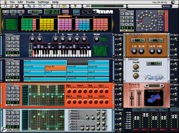 Composition Window: When the studio is built, all the action takes place here. The sequence editing bar is to the top right, with Kepler to its right, and sound and effect modules below. Note the basic level mixer (with bar‑graph meters), bottom right, and the dry/effect send controls to the right of each module.