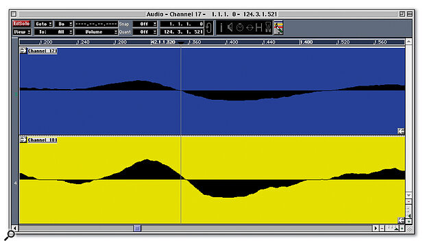 This acoustic guitar was recorded in stereo with the mics at different distances, and consequently suffers from comb filtering when the left and right signals are collapsed into mono — note how the signal recorded with the closer mic (top) is several samples ahead of the other. The Audio Editor's Nudge tool allows us to move parts a single sample at a time to find the best position for phase coherence.