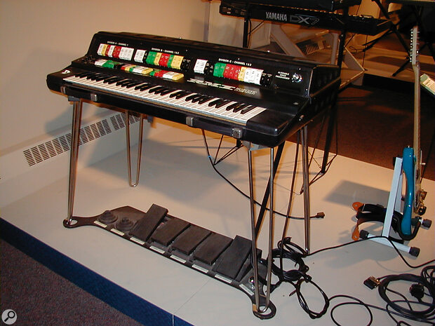 The rare RMI Keyboard Computer II — a digital synth with 12‑note polyphony, keyboard splitting and layering, real‑time parameter control from that monster pedalboard (beneath), and a basic 'memory preset' system. Not bad for 1975, especially at under $5000.