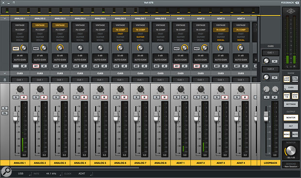 When the 876 is used as an ADAT expander, Host mode allows it to be controlled from within UA’s Console, as shown in this screen capture — note that the same preamp controls appear at the top of the ADAT channels as on the first eight channels.