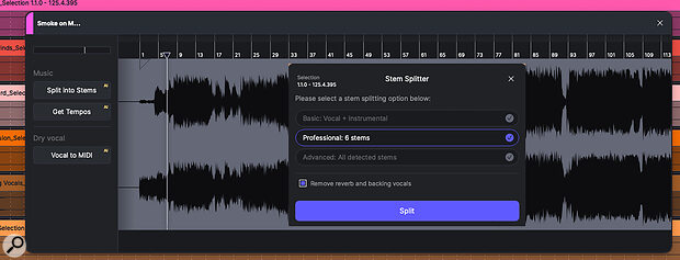 As well as Vocal To MIDI functions, audio clips now have direct access to a stem splitter.