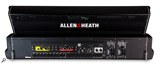 The rear of the console, showing the eight local analogue inputs and outputs as well as two AES inputs and three AES outputs. The two I/O Port slots are for optional cards, in this case Waves Soundgrid and Dante networking cards. Connection to the stage racks is via the two gigaAce network ports. To the right the dual redundant power supplies add reliability.