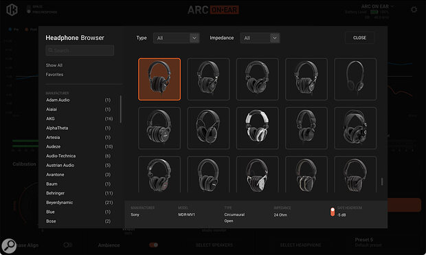 ARC On‑Ear ships with an impressive library of more than 200 headphone calibration profiles.