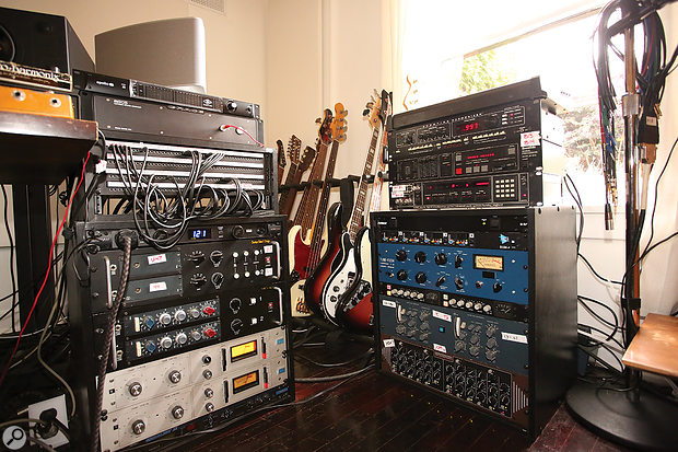 Rechtshaid’s studio also features its fair share of outboard. Left rack, from top: UA Apollo audio interface, Grace Design M905 monitor controller, Furman PL-Pro DMC power conditioner, Neve 1272 and 1073 preamps racked by Boutique Audio & Design, Urei 1176LN compressors (x2), Digitech Vocalist II vocal processor. Right rack, from top: Eventide H949 Harmonizer and SP2016 reverb, AMS RMX16 reverb, API 3124+ preamp, Tube-Tech CL1b compressor, Smart C1 compressor, BAE-modified Neve 2254E stereo compressor and Inward Connections DEQ1 equaliser.