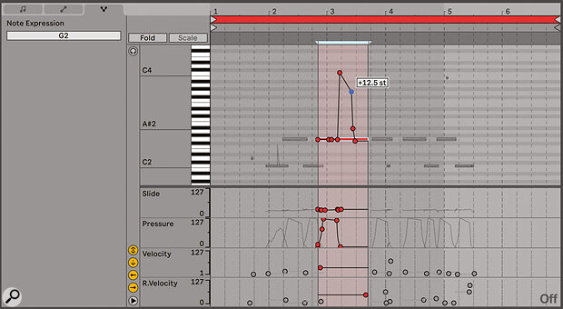 Editing the ‘five degrees’ of MPE expression on a single note.