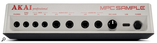 On the back panel are 3.5mm jacks for headphones, sync out (TRS CV and gate) and MIDI I/O, quarter‑inch jacks for audio I/O, a record gain knob and a USB‑C port.