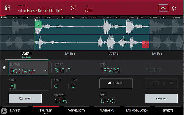 The touchscreen’s new sample edit page with tempo-matched warping.