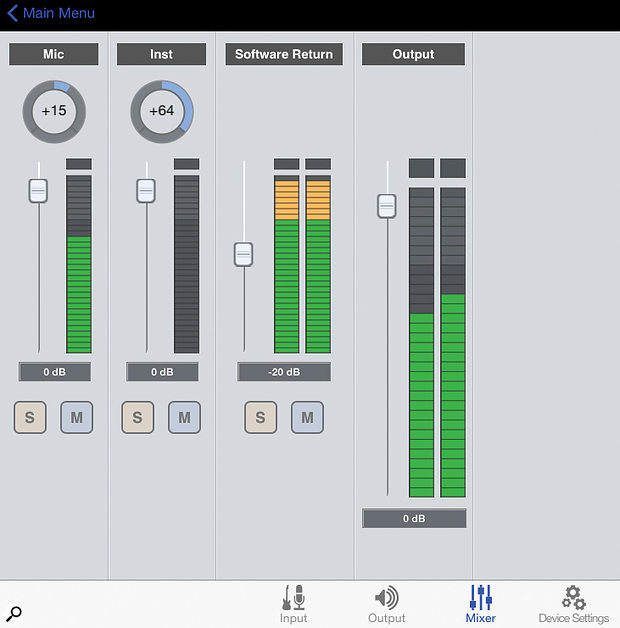 The mixer tab on Apogee’s Maestro iPad app that accompanies the ONE. This page makes setting up a  zero-latency mix really simple, with level and pan controls for each input and some useful output meters.