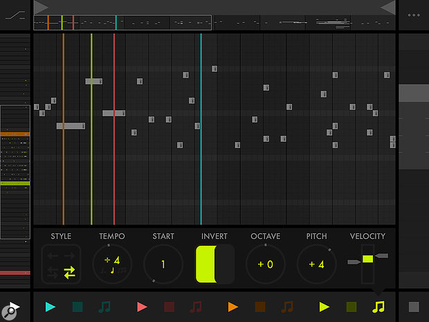 The Fugue Machine piano roll, with its four colour-coded playheads.