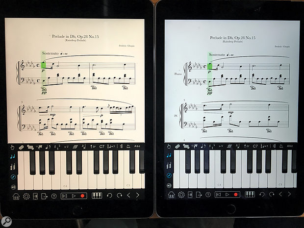 Here you can see the difference between an iPad Pro with a True Tone display (left), and an iPad Air 2 running Notion.