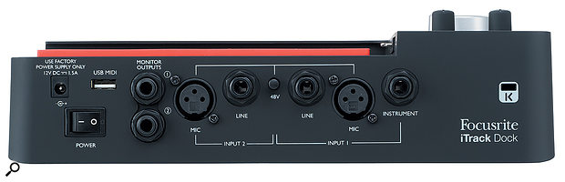 The iTrack Dock’s back panel features an external PSU input and switch, a USB A port for MIDI, quarter-inch monitor outputs, mic and line inputs on XLR and quarter-inch jack sockets and an additional instrument line in, also on a quarter-inch jack socket.