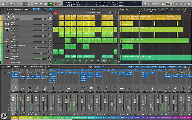 The Project window can now display two different views, either together or individually. There's the traditional Tracks Area (on the top-right), where regions of musical data are represented by rectangles based on their musical length, and the new Live Loops grid (shown above, middle), where individual musical ideas that generally work well as loops are stored as cells within that grid.