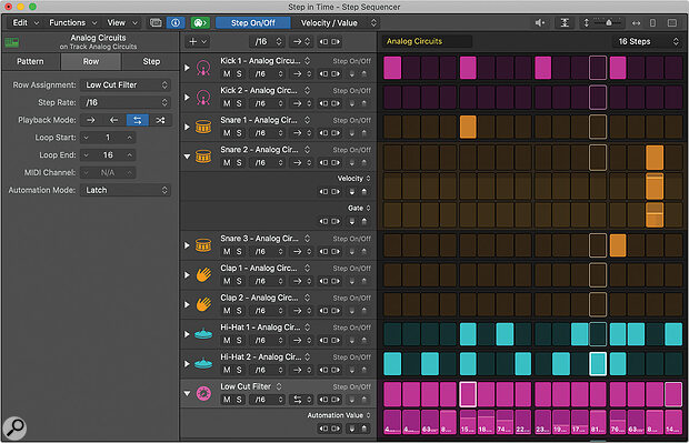 Logic Pro 10.5's Step Sequencer is accessible in the Editors pane or in a dedicated window (shown here) and can be used to program cells or regions containing patterns of both notes and automation.