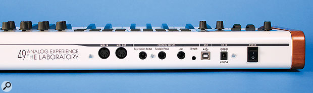 The Laboratory's rear panel has MIDI In and Out ports, three control inputs on quarter‑inch jacks, a USB connection, and an input for an optional 6V power supply. 