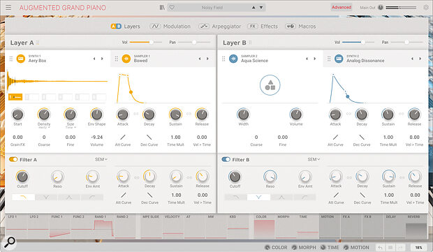 In the Advanced view the full synth architecture is revealed, with its dual‑layer, four‑engine design, and modulation sources visible in the lower part of the window.