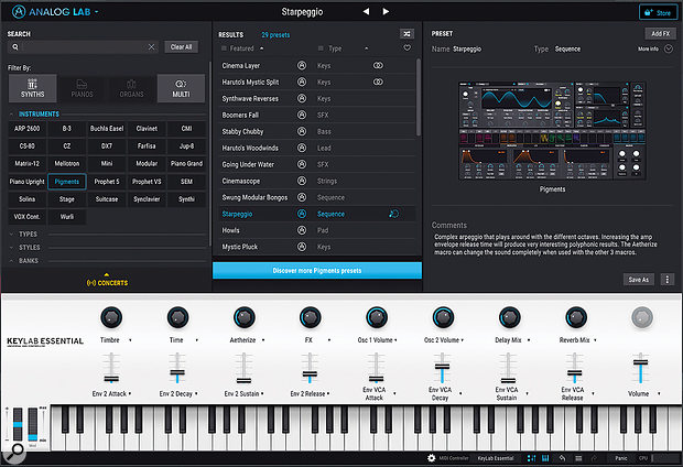 Analog Lab is a prodigious soundbank showcasing all of Arturia's virtual instruments from long–established analogue synth favourites to more recent releases like Pigments. Parameters in the 'heads-up' display, which mirrors the physical controls of the KeyLab, are completely up for grabs, and edits can be saved.