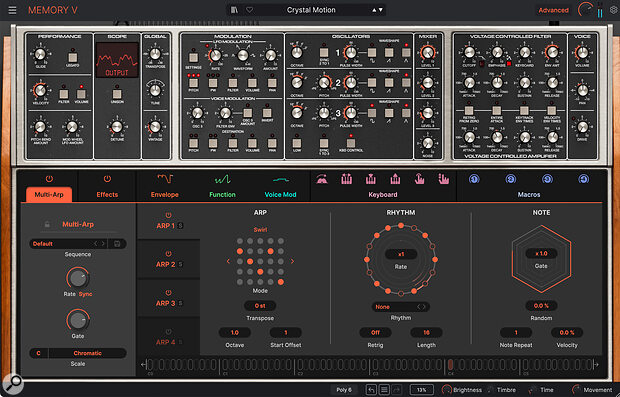 A factory patch making full use of the arpeggiator (shown here), effects and other Advanced facilities.