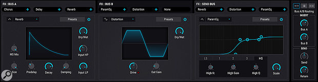 There are three effects buses, each capable of loading three different effects with various routing options. Most effect parameters can be modulated.