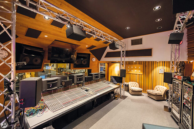 Many leading mix engineers are upgrading their studios to be Atmos‑capable. This is Chris Lord‑Alge’s studio in Los Angeles, recently outfitted with an Ocean Way immersive monitoring system.