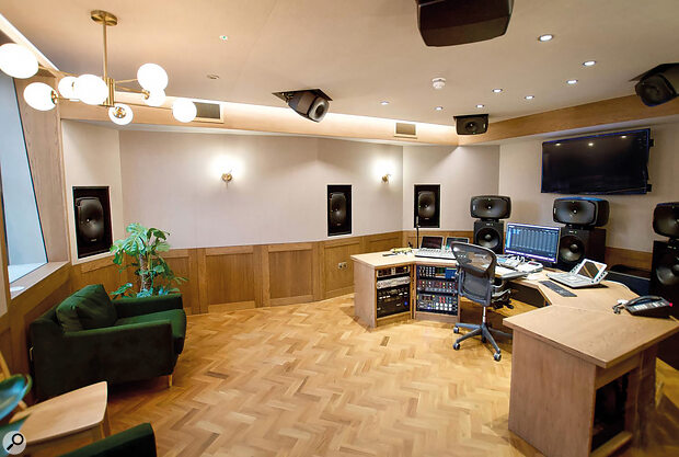 The new Atmos mix room at London’s RAK Studios. As you can see, the rear speakers are further from the listening position than the others, but this can be compensated for using time‑alignment. What’s crucial is the mutual angle between the speakers.