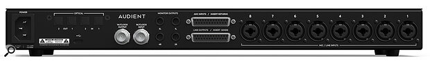 A crowded back panel features an IEC power socket, Toslink optical I/O ports, BNC word clock connectors, four quarter‑inch monitor outputs, the all‑important pair of DB25 connectors, and eight combi XLR/jack inputs.