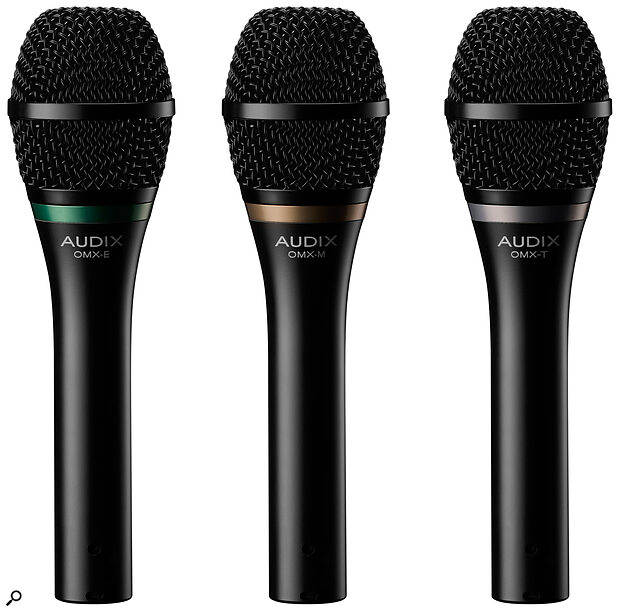 The Audix OMX mics are outwardly identical, apart from a coloured identifying ring underneath the basket. The T, M and E models have a silver, gold and green band, respectively.