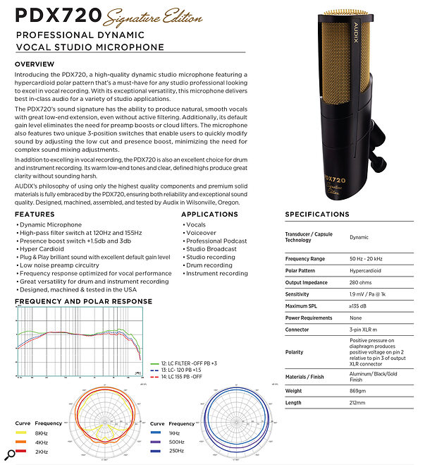 Although the capsule is a hypercardioid model, Audix’s implementation of it has made it less directional, which makes the PDX720 less sensitive to changes of mic position.