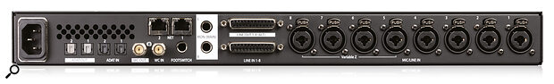 The rear panel includes an as‑yet unused second RJ45 port and a pair of DB25 connectors for audio I/O.