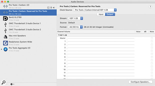 Apple’s Audio MIDI Setup utility displays two Carbon ‘engines’, one reserved for Pro Tools and one accessible by other applications and Mac OS.