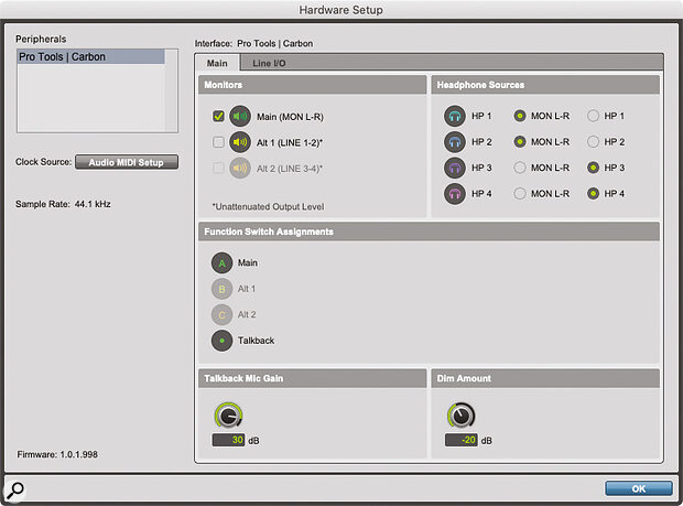 Although most Carbon parameters are set from the front panel, some are available only within the Pro Tools Hardware Setup window.