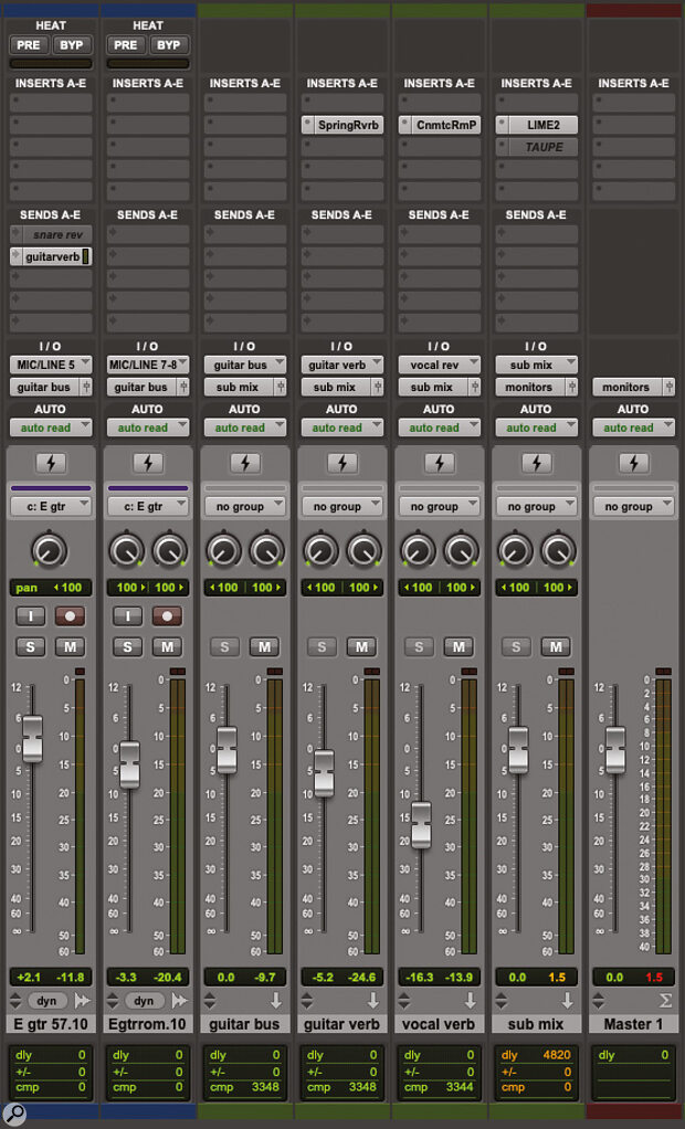 This pair of screens shows DSP Mode in action. In the second screen, I’ve record‑enabled the two guitar tracks on the left side of the window. Their DSP Mode buttons turn bright green, while those of the ‘guitar bus’, ‘guitar verb’, ‘sub mix’ and ‘Master 1’ tracks turn a darker green to indicate that DSP Mode has been cascaded to those tracks. The Softube Spring Reverb plug‑in on ‘guitar verb’ is automatically switched to AAX DSP, but the Acustica Lime 2 plug‑in on ‘sub mix’ has no DSP equivalent and is bypassed. Notice also that HEAT is bypassed for tracks in DSP Mode. The ‘vocal verb’ track remains in native mode as neither of the guitar tracks is routed to it.