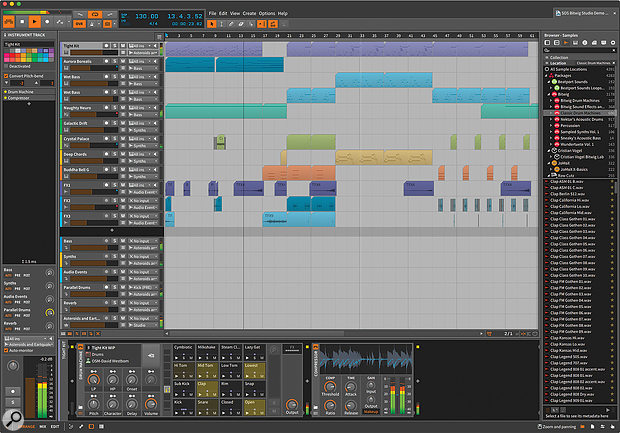 The Bitwig Studio interface in all its glory, with central Arrange view surrounded by transport, inspector, device panel and browser. These components and others can be split off to suit multi–monitor systems.