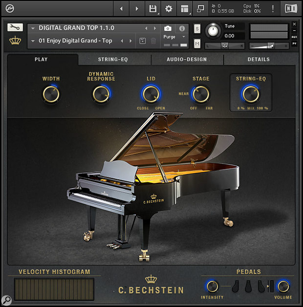 Bechstein’s Digital Grand presents itself as a library in Kontakt, with separate instruments for each of its mic perspectives. The main Play page gathers together five main parameters that are mirrored by counterparts in other parts of the tabbed interface.