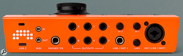 Round the back we find a USB‑C port, 3.5mm MIDI I/O sockets, and the analogue audio I/O.